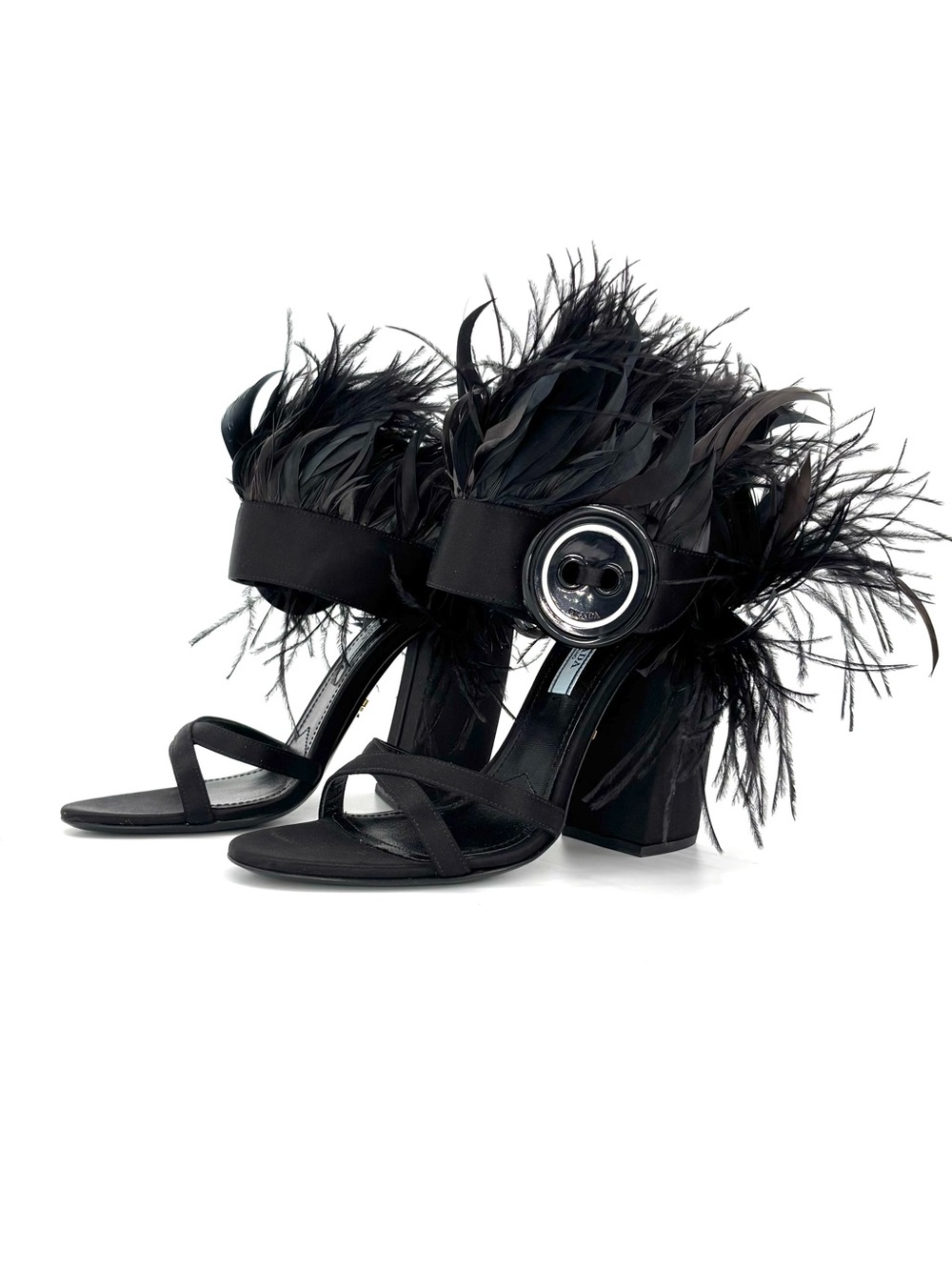 Prada Ostrich Feather and Button Detail Satin Block Heel Sandals 38